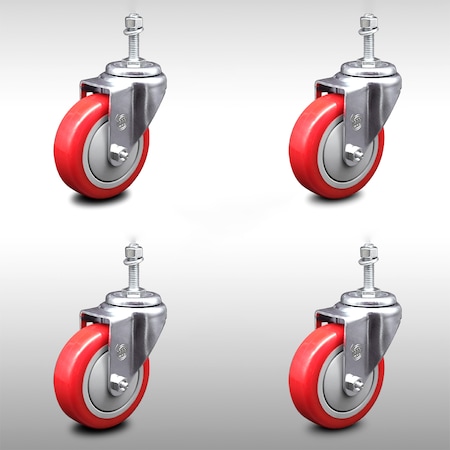 Service Caster 4 Inch SS Red Polyurethane Wheel Swivel 10mm Threaded Stem Caster Set SCC SCC-SSTS20S414-PPUB-RED-M1015-4
